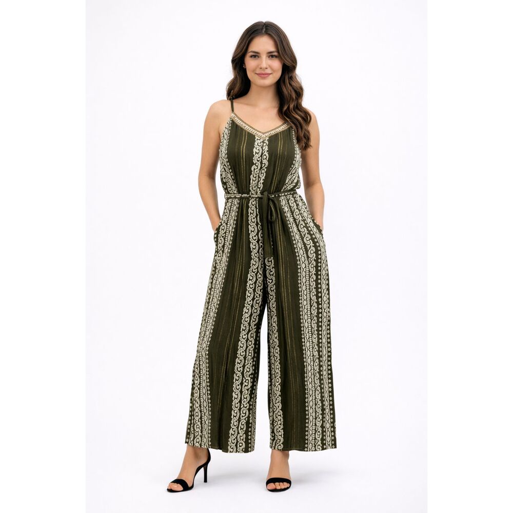 Olive Green Boho Jumpsuit Wide Leg Tie Waist Resort Vacation Chic Outfit